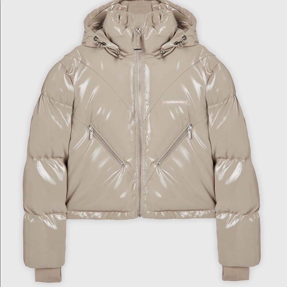 NWT Maniére De Voir Beige Gray High Shine Cropped Puffer Jacket